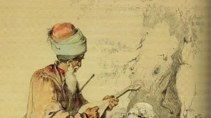 نقاشی اسلامی درویش در حال نواختن موسیقی