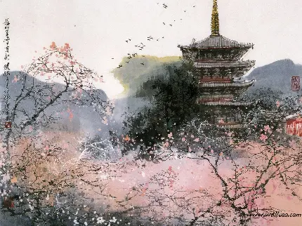 نقاشی چینی منظره تماشایی باغ پر از شکوفه های صورتی