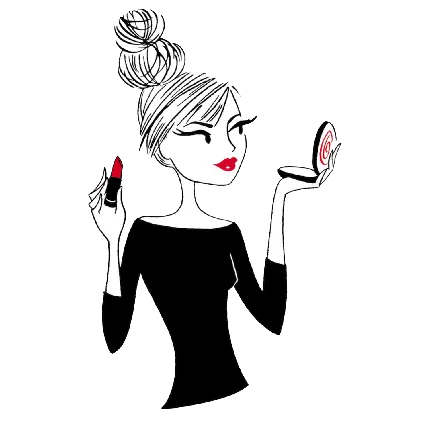 دختر کارتونی سیاه سفید با رژ قرمز در حال آرایش کردن png
