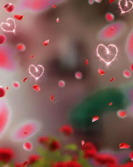 عکس ادیت شده در فتوشاپ با ترکیب قلب های درخشان و گلبرگ های قرمز