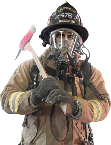 تصویر png دوربری شده آتش نشان با ماسک و کلاه و تبر