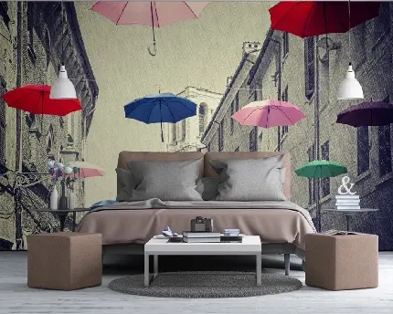 عکس منظره بارانی و چتر های رنگارنگ روی دیوار پشت مبل
