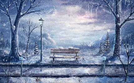 والپیپر نیمکت پوشیده از برف و تنها در زمستان و نمای غم انگیز