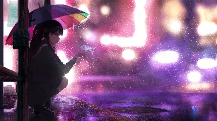 عکس انیمه ای شیک دختر با چتر زیر باران مناسب پروفایل 