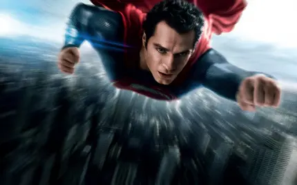 بک گراند هنری کویل در نقش سوپرمن درحال انجام حرکات ابرقهرمانی