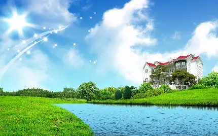 عکس خانه ویلایی در طبیعت کنار رودخانه با ادیت انتزاعی و shine