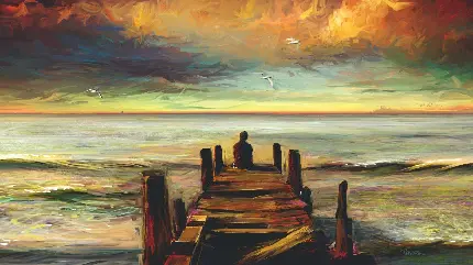 عکس نقاشی رنگ روغن پسر تنها نشسته روی پل چوبی با چشم انداز دریا