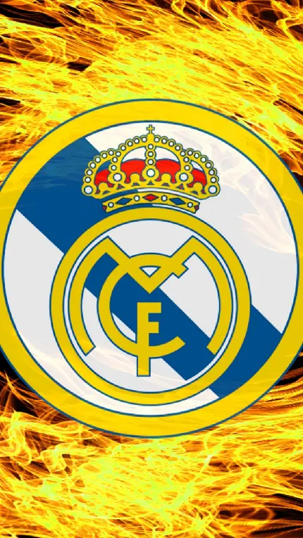 زیباترین عکس لوگو رئال مادرید با بکگراند طلایی و زرد آتشین 