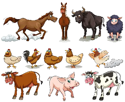 تصویر png اسب کارتونی و سایر حیوانات اهلی در روستا