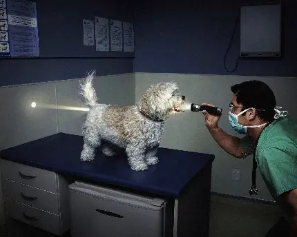 خوشگل ترین تصویر زمینه دامپزشک در حال معاینه سگ پشمالو