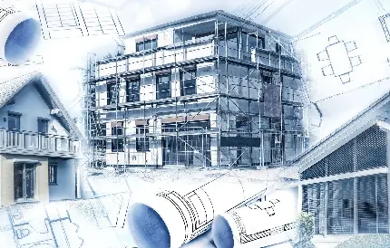 تصویر ساختمان بلند و چند طبقه روی کاغذ نقشه کشی 