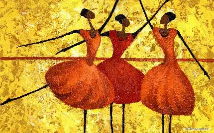 عکس نقاشی رنگ روغن از رقصنده های سیاه پوست با لباس قرمز