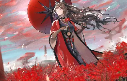 عکس فانتزی و گرافیکی چتر انیمه ای قرمز با گل های سرخ 