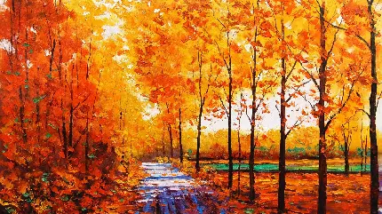 تصویر زمینه نقاشی رنگ روغن جنگل نارنجی پاییزی با کیفیت عالی
