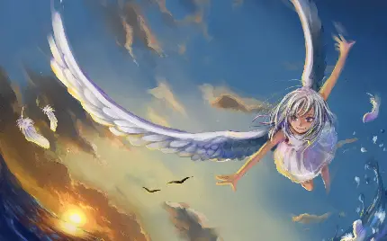 عکس انیمه ای از دختری با بال های فرشته درحال پرواز 