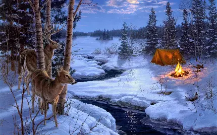 عکس تابلو نقاشی از گوزن ها در جنگل زمستانی