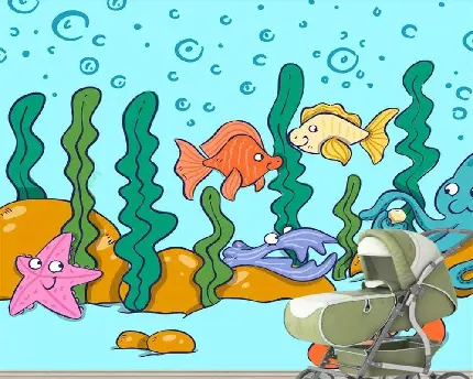 عکس استوک کارتونی با طرح دنیای زیر آب برای چاپ‌ کاغذ دیواری مهدکودک