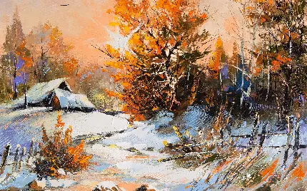 عکس تابلو نقاشی با منظره ی رویایی کلبه ی وسط جنگل در زمستان 