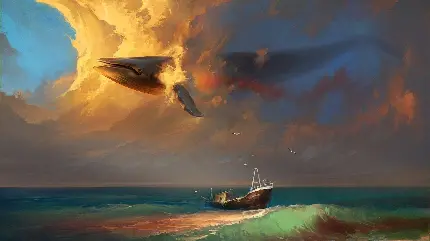 زمینه سورئالیسم نهنگ در آسمان و کشتی در دریا با کیفیت بالا