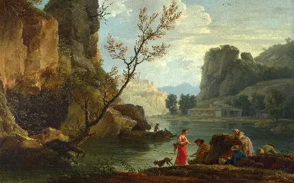 عکس نقاشی رنگ روغن ماهیگیران در کنار دریاچه ای در کوهستان