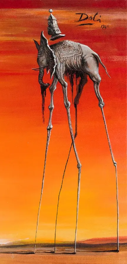 عکس نقاشی سورئال فیل با پس زمینه ای به رنگ غروب خورشید