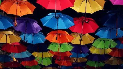 پس زمینه چتر های رنگارنگ در آسمان شب با طرح رویایی
