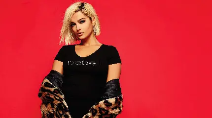 چاپ پوستر بی‌ بی رکسا Bebe Rexha با لباس مشکی و بکگراند قرمز 