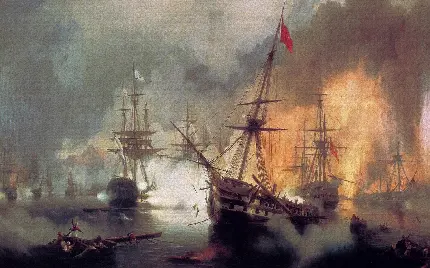 دانلود تصویر زمینه نقاشی رنگ روغن از جنگ با کشتی در دریا