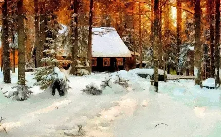 والپیپر تابلو نقاشی کلبه ی جنگلی پوشیده از برف و زمستان سرد