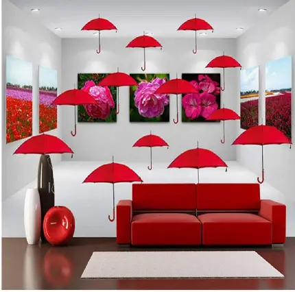چتر های قرمز آویزان شده در خانه ای با دکوراسیون مدرن