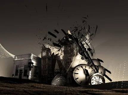 نقاش انتزاعی خراب شدن ساختمان ها توسط ساعت های غول پیکر