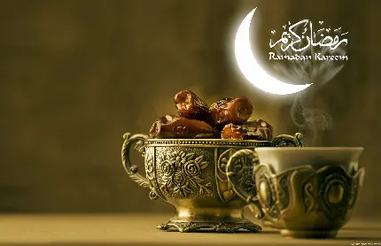 عکس نوشته ماه رمضان و خرما و چای در ظروف زیبا با کیفیت بالا
