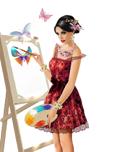عکس دختر نقاش انیمیشنی و پروانه بزرگ رنگارنگ روی تابلو
