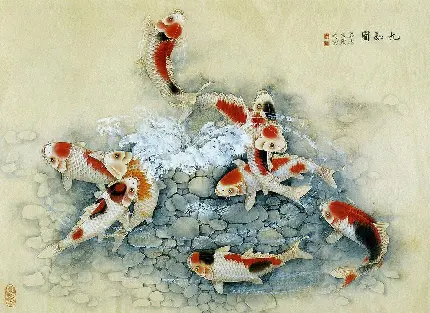 عکس پروفایل نقاشی شرقی ماهی های بزرگ در آب زلال و شفاف