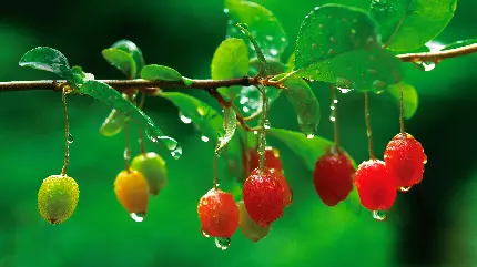 عکس پس زمینه جالب از میوه های روی درخت با قطرات باران