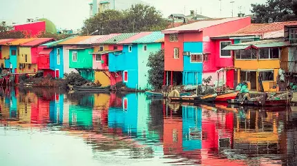 تصویر استوک طبیعت پاکیزه و دریایی با خانه های رنگارنگ 