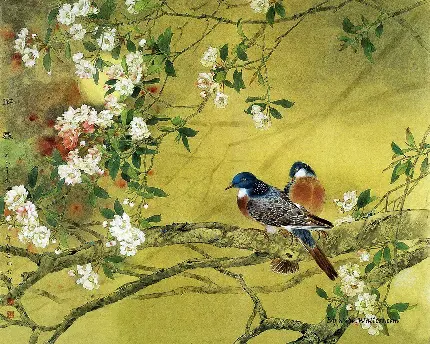 تصویر نقاشی چینی منظره گل و بلبل رنگی برای دوستداران هنر