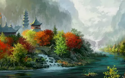 عکس نقاشی چینی جریان رودخانه در کنار درختان سبز و نارنجی 