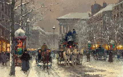 والپیپر‌ از نقاشی یک شهر شلوغ و پر رفت و آمد در زمستان رویایی