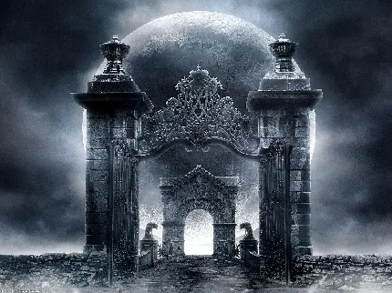دانلود عکس گوتیک دروازه تاریک به سمت ماه بزرگ و تابان
