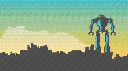 عکس زمینه ربات غول پیکر در حال تماشای منظره شهر pop art