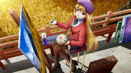دختر مو طلایی انیمه ای در حال نقاشی کشیدن در گندم زار
