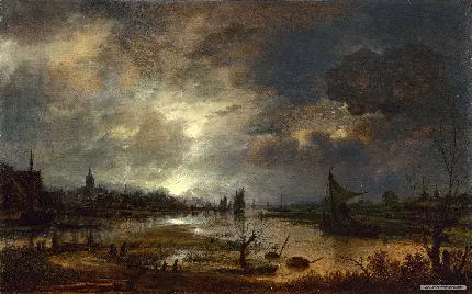 تصویر زمینه نقاشی قدیمی رودخانه ای در نزدیکی یک شهر