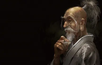 تصویر استوک پیرمرد ریش سفید چینی با زمینه مشکی 