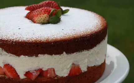 کیک با بافت اسفنجی و لایه های بستنی و توت فرنگی