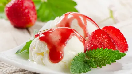 تصویر پس زمینه بستنی وانیلی با تزئین مربای شیرین برای پیج دسر اینستا