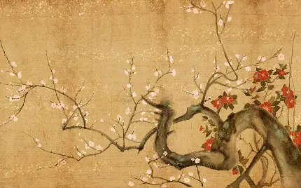 نقاشی شاخه درخت با شکوفه های صورتی و گل های قرمز