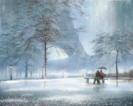 عکس از تابلو نقاشی عاشقانه های یک زوج در برف و زمستان