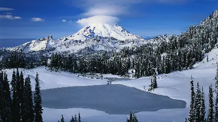 عکس پس زمینه زمستانی از طبیعت کوهستانی احاطه شده با برف های سفید 