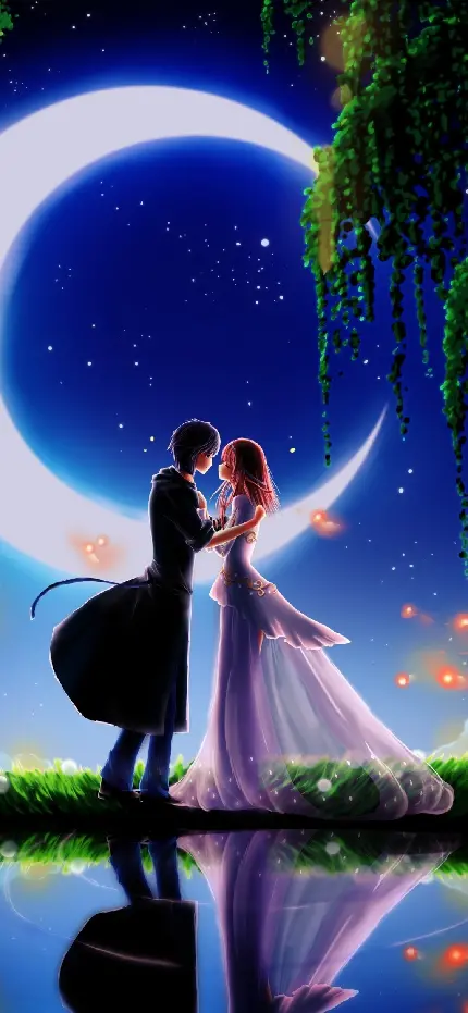 زیباترین والپیپر زوج عاشق کارتونی با پس زمینه شب مهتابی آیفون